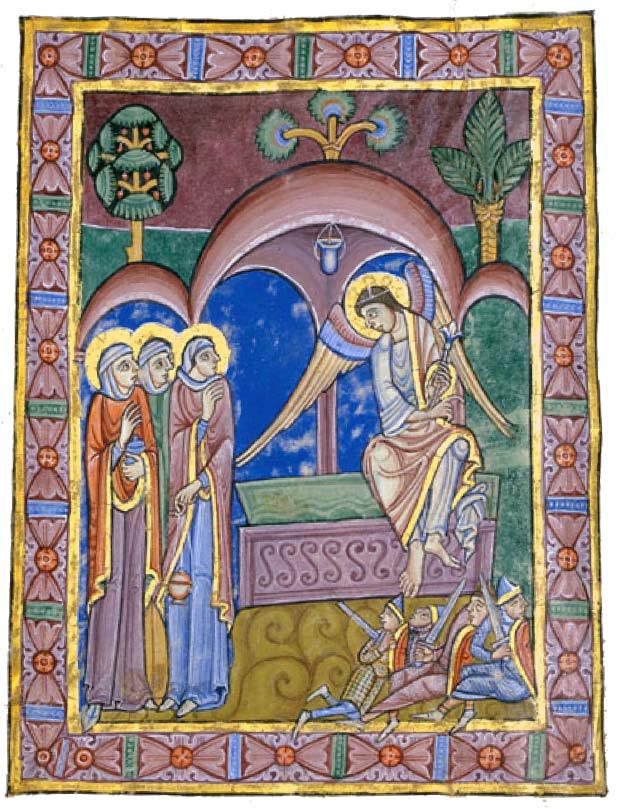 Die drei Frauen am Grab mit dem Engel, Albani-Psalter, 12. Jahrhundert. Bild: Wikipedia, gemeinfrei
