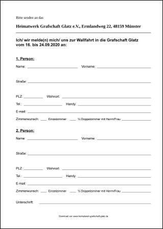 Anmeldeformular zur 26. Wallfahrt in die Grafschaft Glatz 2020